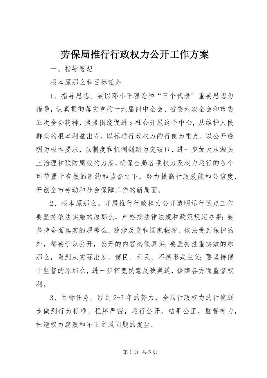 2023年劳保局推行行政权力公开工作计划.docx_第1页