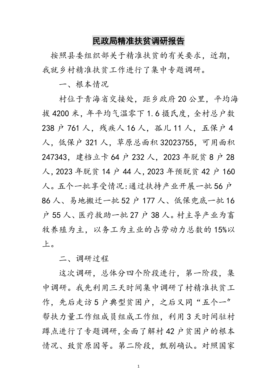 2023年民政局精准扶贫调研报告范文.doc_第1页