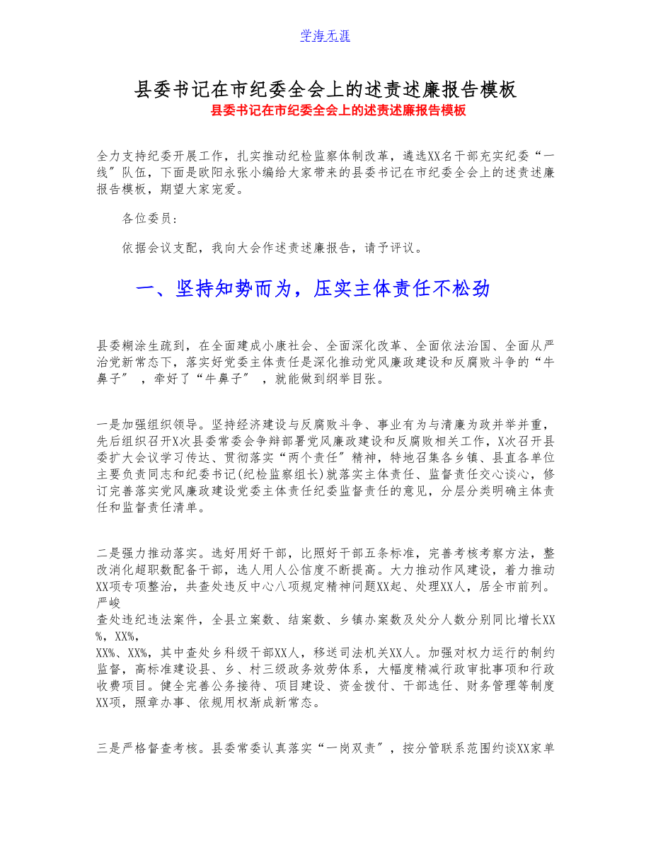 2023年县委书记在市纪委全会上的述责述廉报告模板.doc_第1页