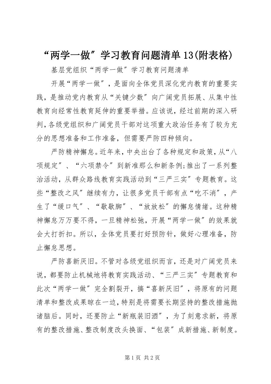 2023年“两学一做”学习教育问题清单3附表格新编.docx_第1页