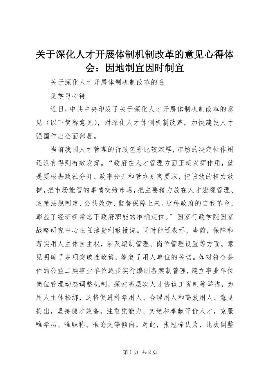 2023年《关于深化人才发展体制机制改革的意见》心得体会因地制宜因时制宜.docx_第1页