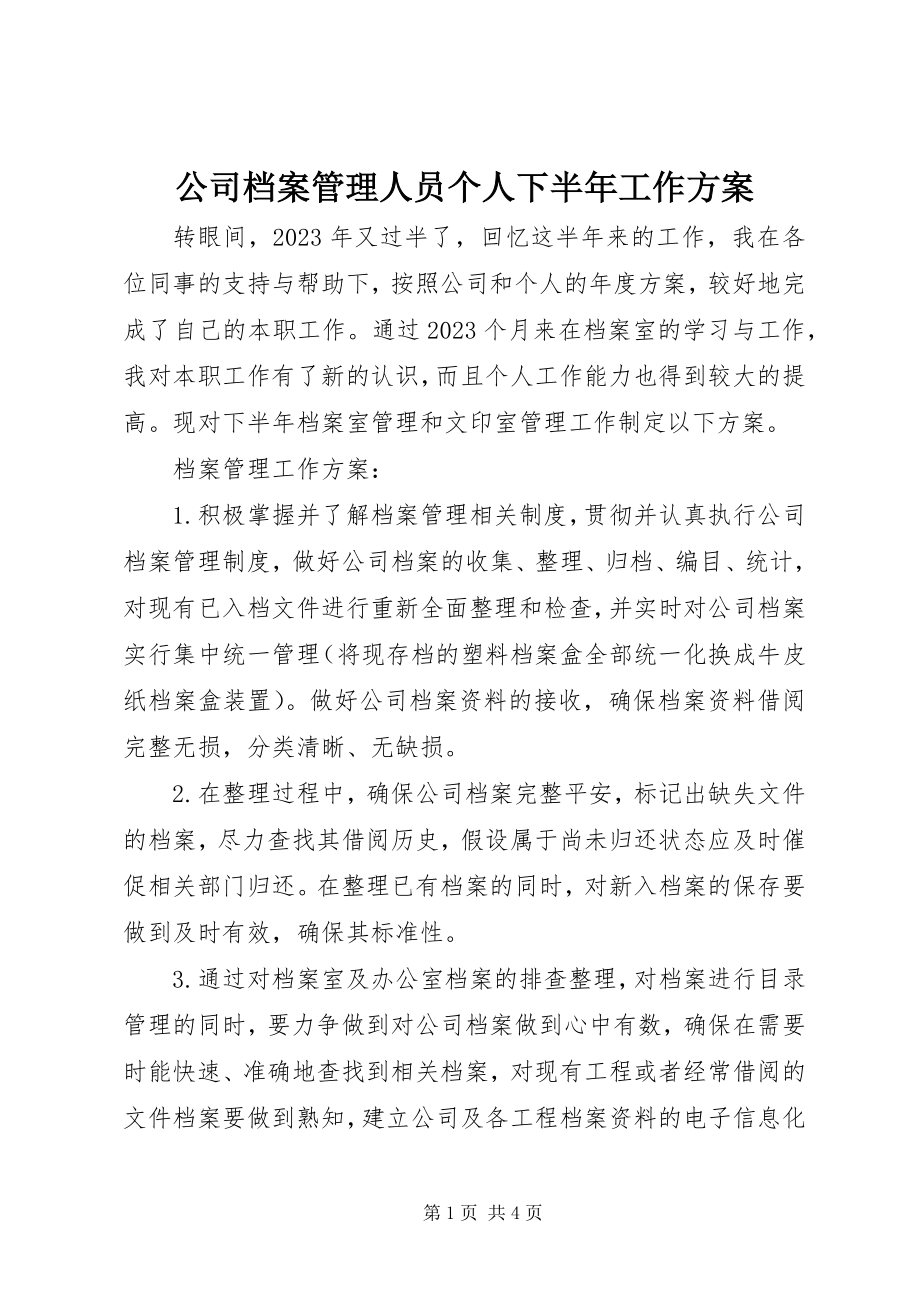 2023年公司档案管理人员个人下半年工作计划.docx_第1页