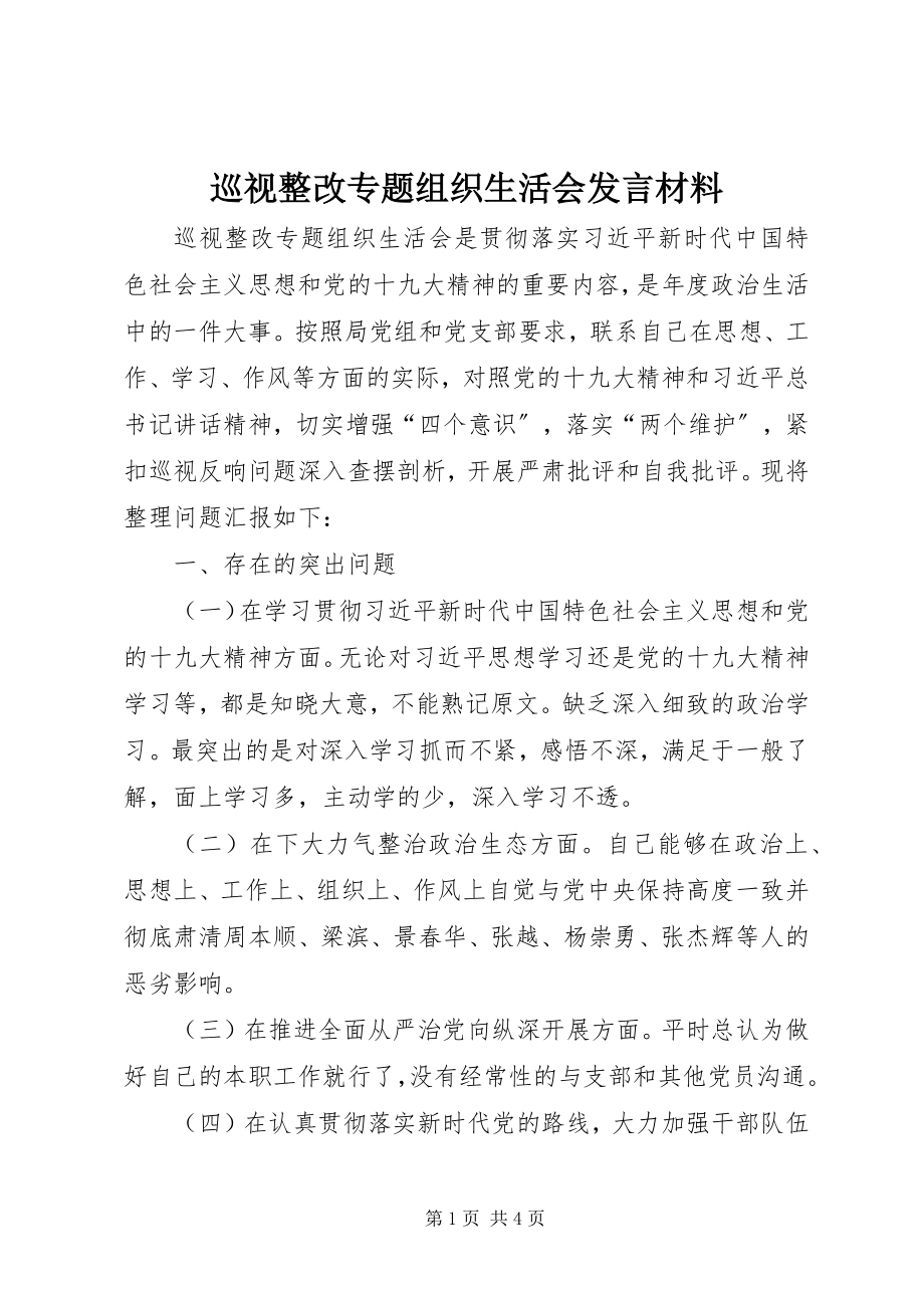 2023年巡视整改专题组织生活会讲话材料.docx_第1页