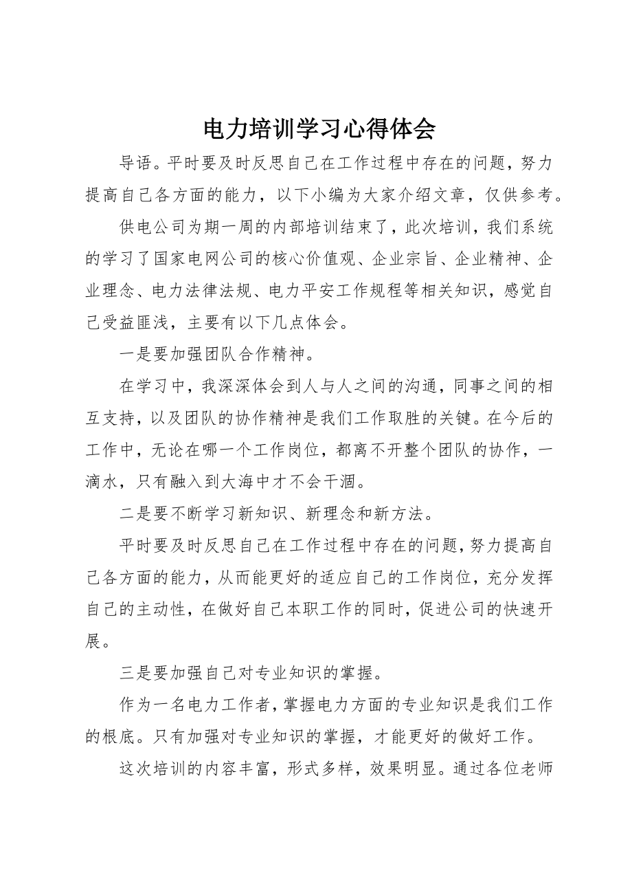 2023年电力培训学习心得体会新编.docx_第1页