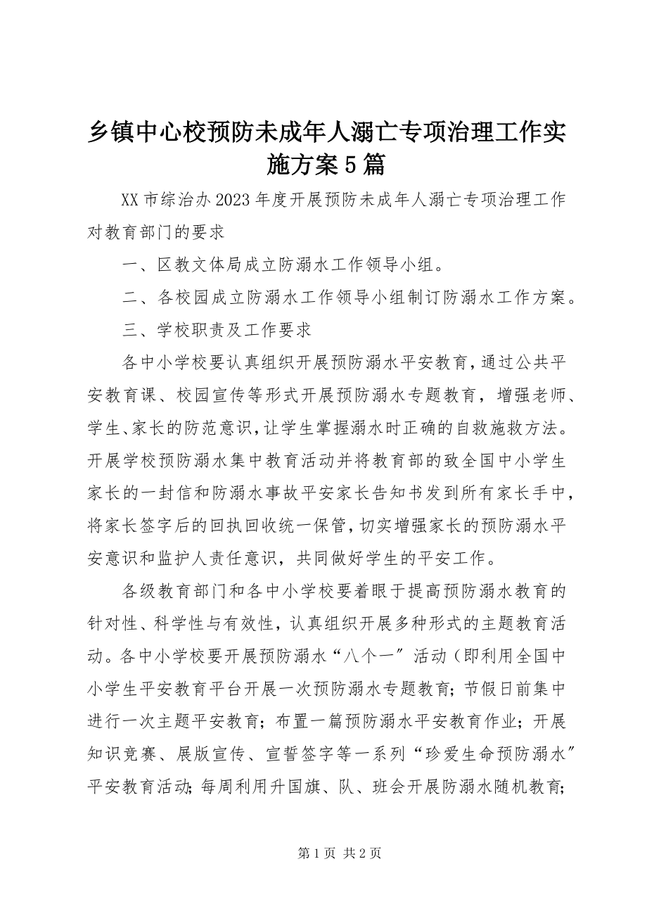 2023年乡镇中心校预防未成年人溺亡专项治理工作实施方案5篇.docx_第1页