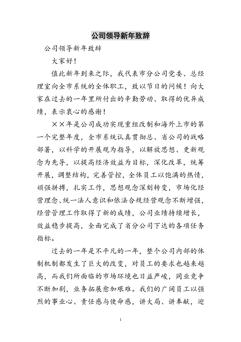 2023年公司领导新年致辞范文.doc_第1页