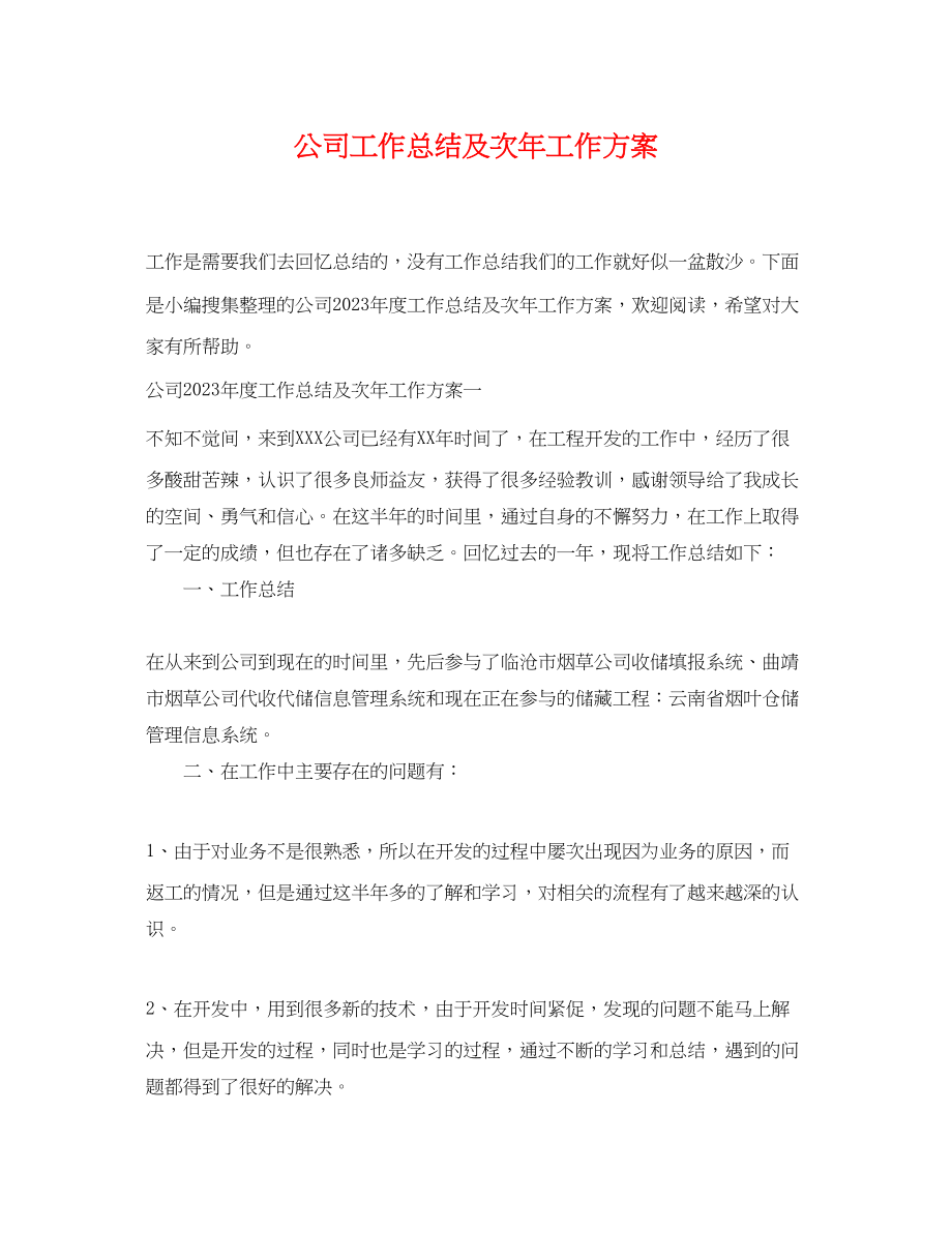 2023年公司工作总结及次工作计划.docx_第1页