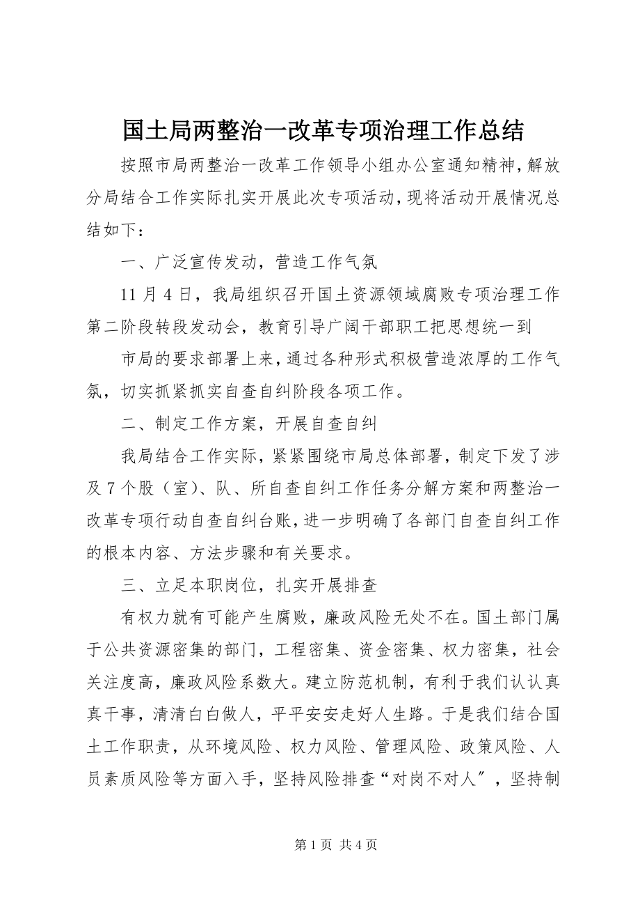 2023年国土局两整治一改革专项治理工作总结.docx_第1页