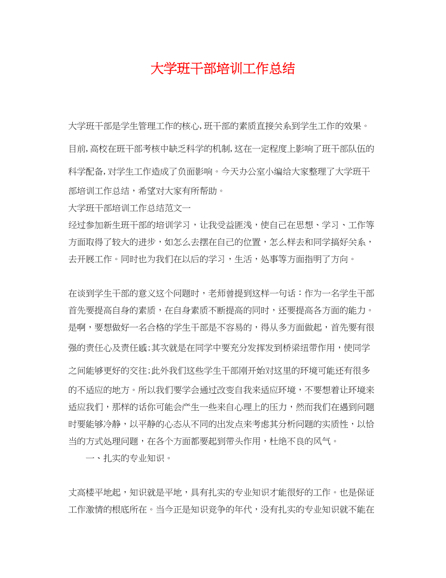 2023年大学班干部培训工作总结.docx_第1页