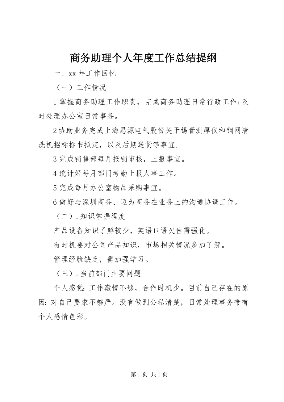 2023年商务助理个人年度工作总结提纲.docx_第1页