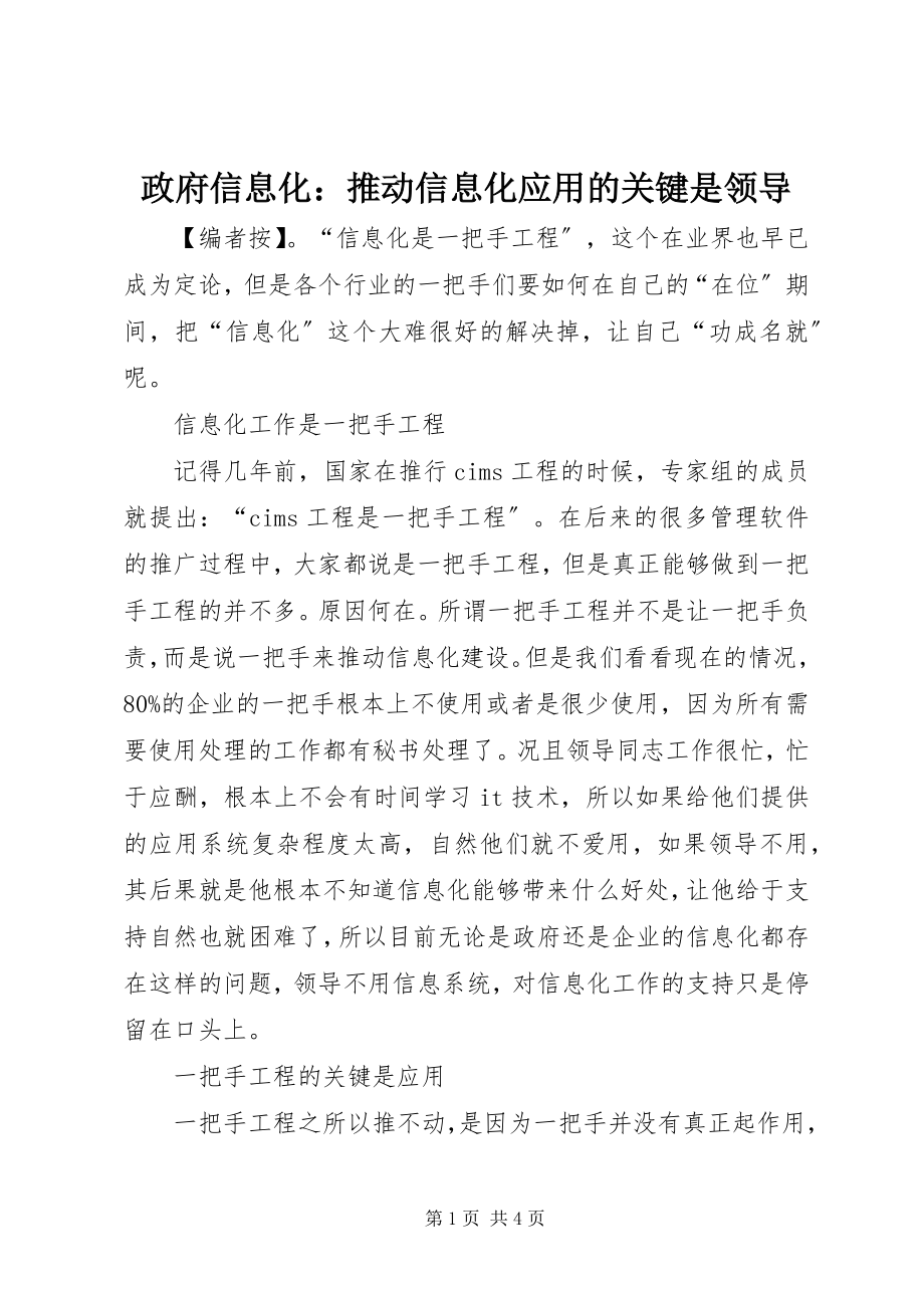 2023年政府信息化推动信息化应用的关键是领导.docx_第1页