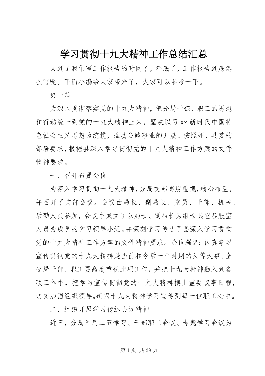 2023年学习贯彻十九大精神工作总结汇总.docx_第1页