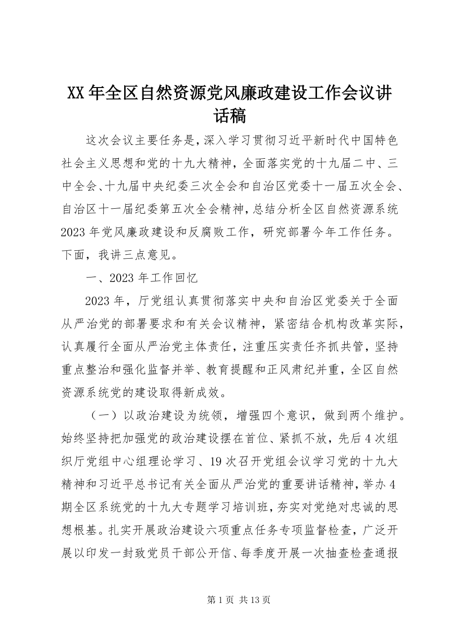 2023年全区自然资源党风廉政建设工作会议致辞稿.docx_第1页