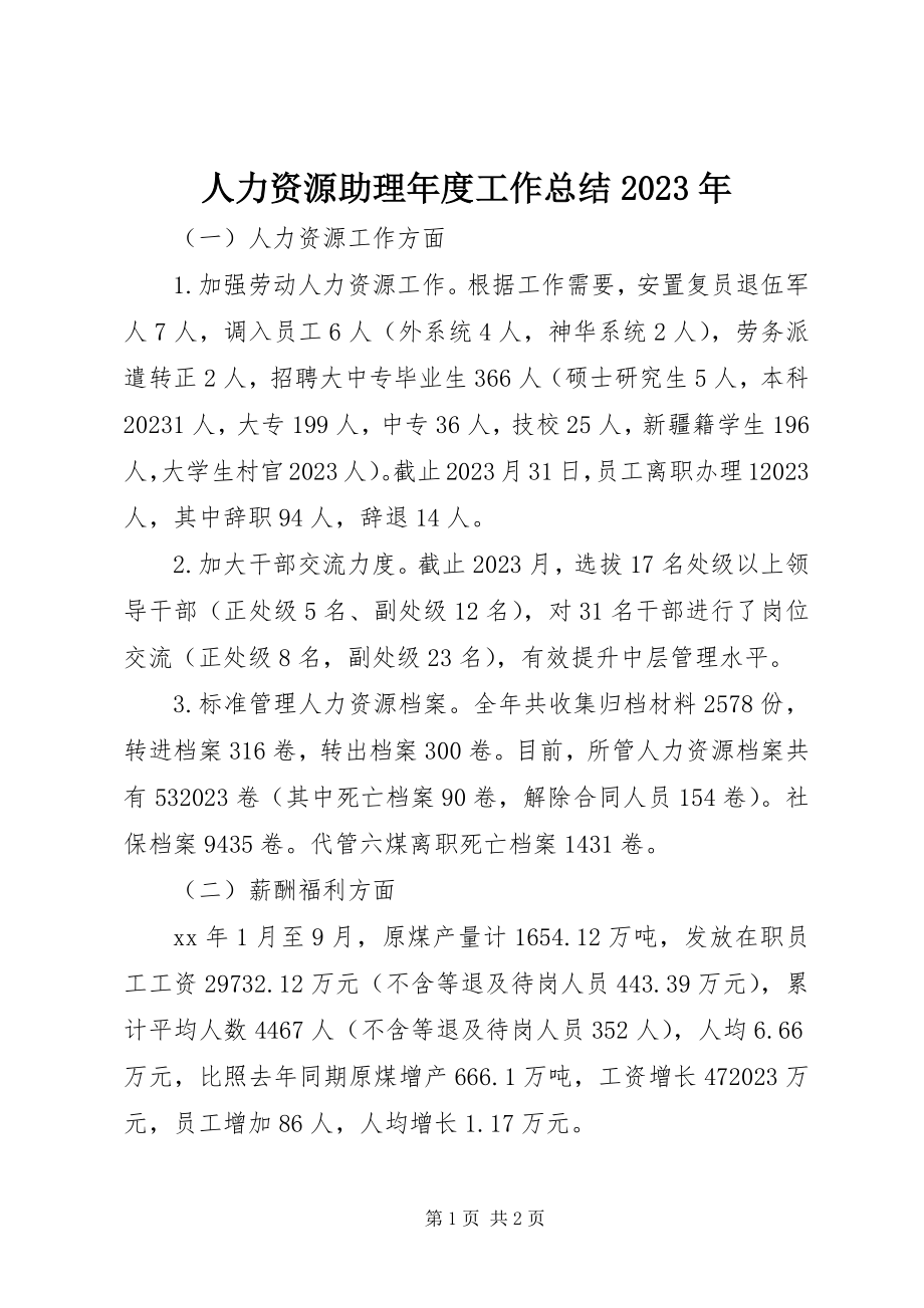 2023年人力资源助理年度工作总结.docx_第1页