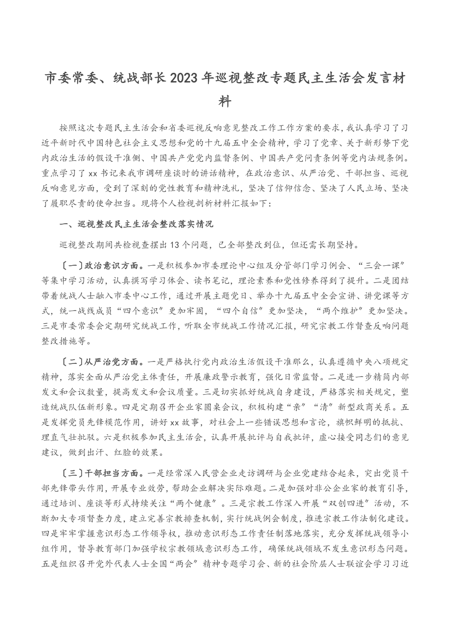 市委常委、统战部长2023年巡视整改专题民主生活会发言材料.docx_第1页