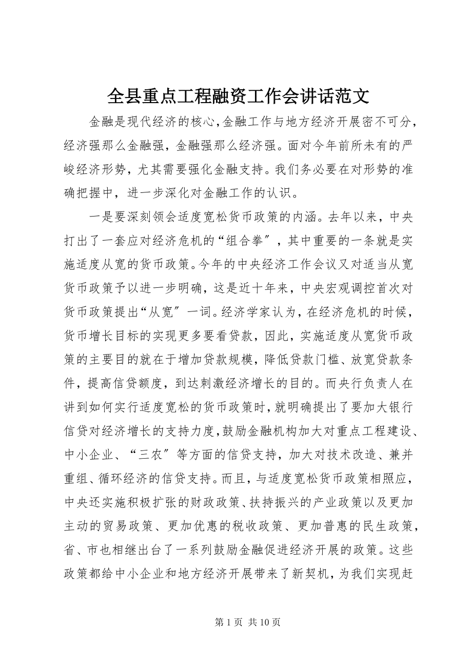 2023年全县重点项目融资工作会致辞.docx_第1页