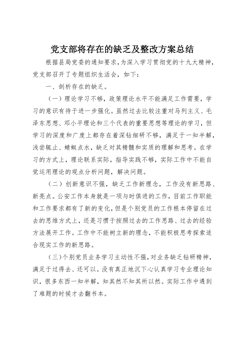 2023年党支部将存在的不足及整改方案总结.docx_第1页