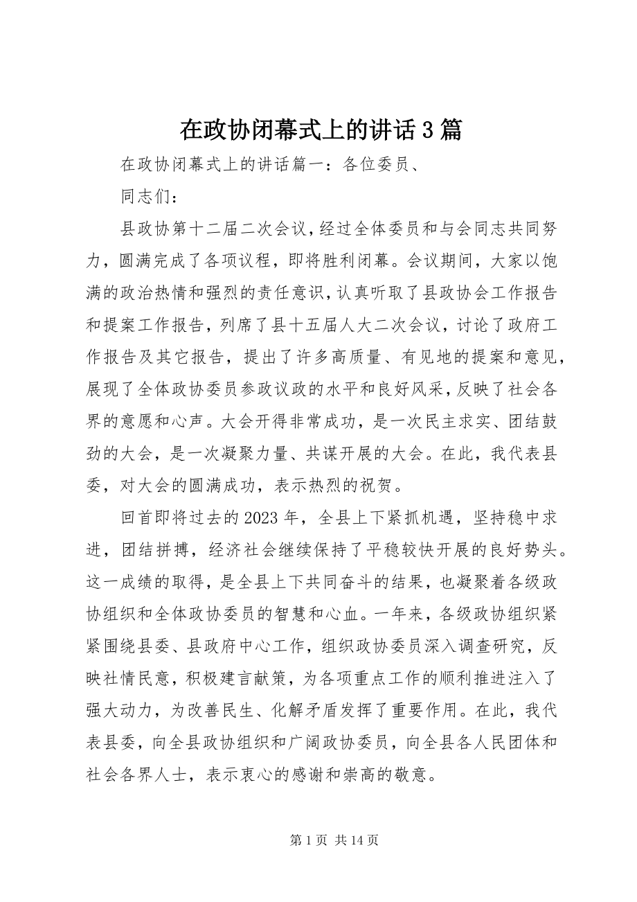 2023年在政协闭幕式上的致辞3篇.docx_第1页