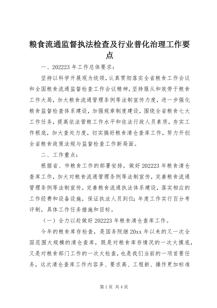 2023年粮食流通监督执法检查及行业普化治理工作要点.docx_第1页