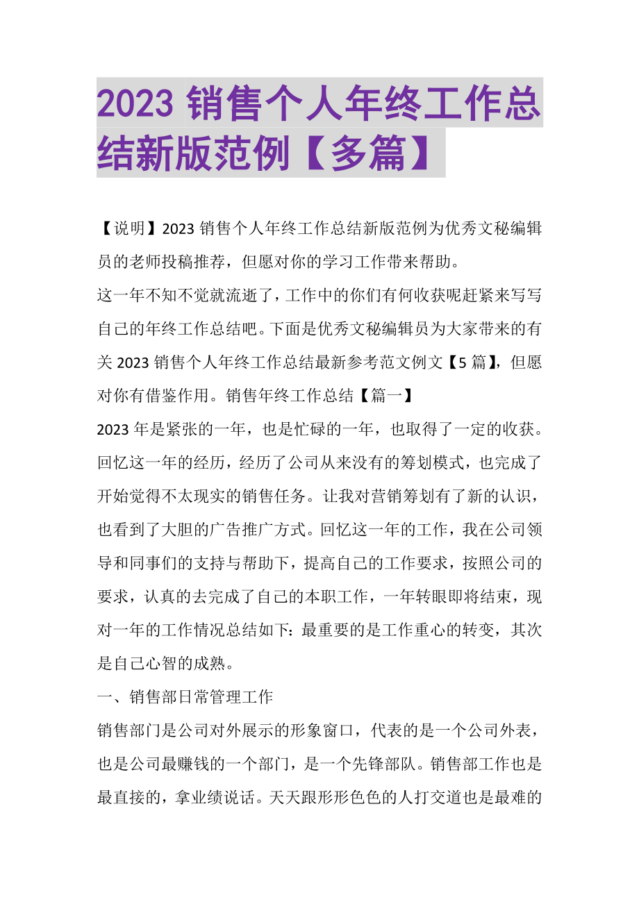 2023年销售个人年终工作总结新版范例多篇.doc_第1页