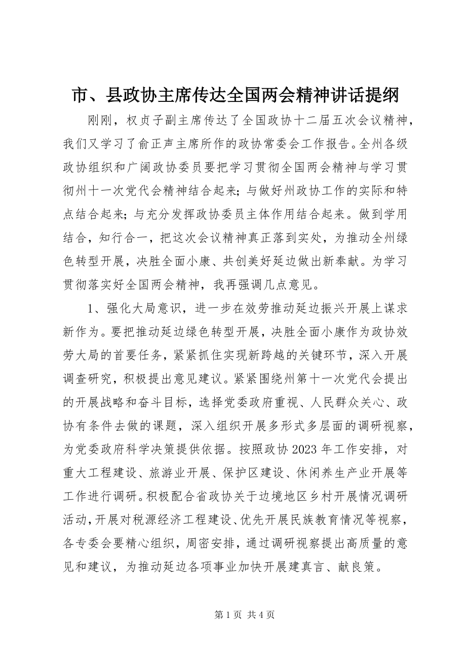 2023年市县政协主席传达全国两会精神致辞提纲.docx_第1页