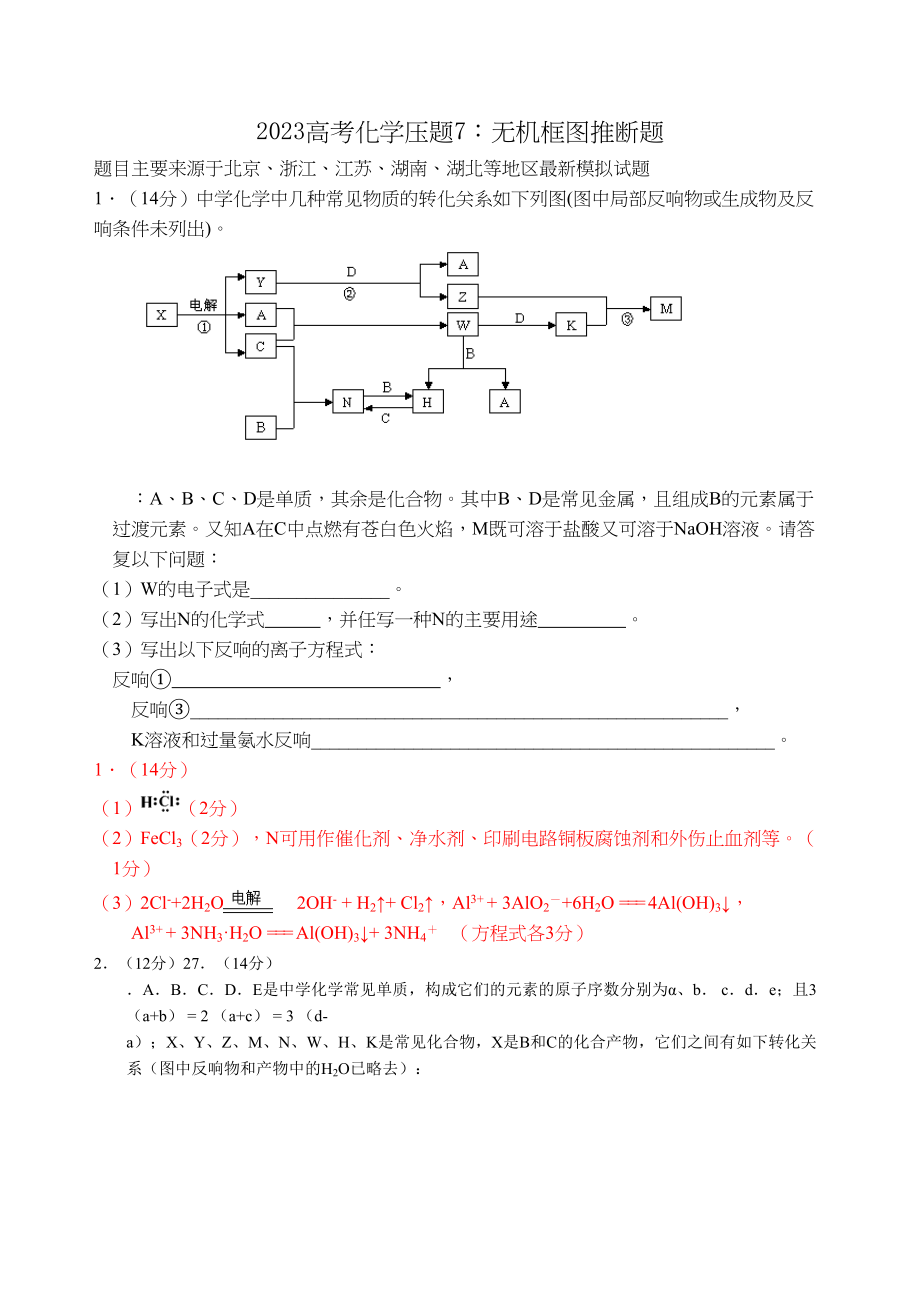 2023年高考化学压题7无机框图推断题doc高中化学.docx_第1页