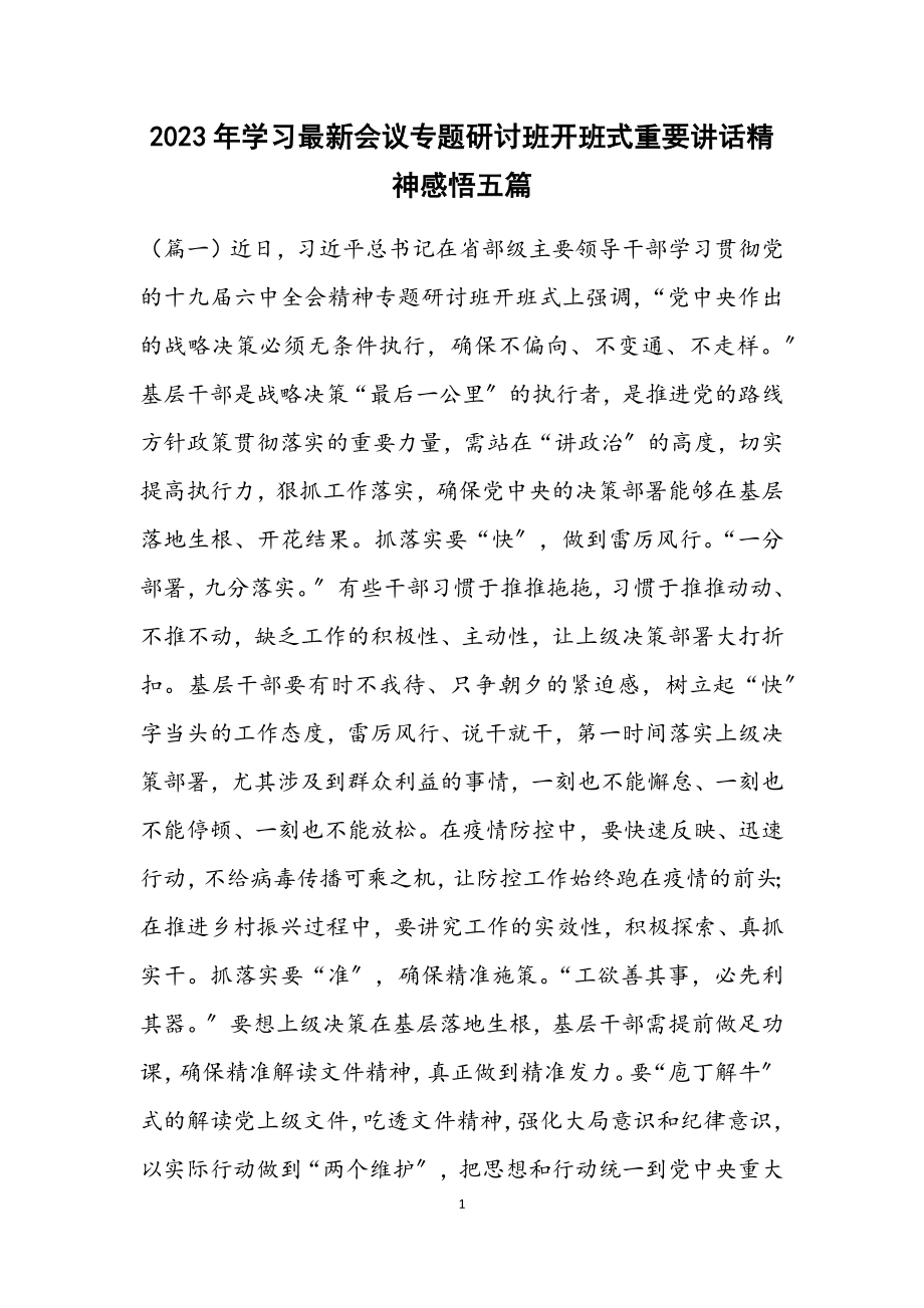 2023年学习会议专题研讨班开班式重要讲话精神感悟五篇.docx_第1页