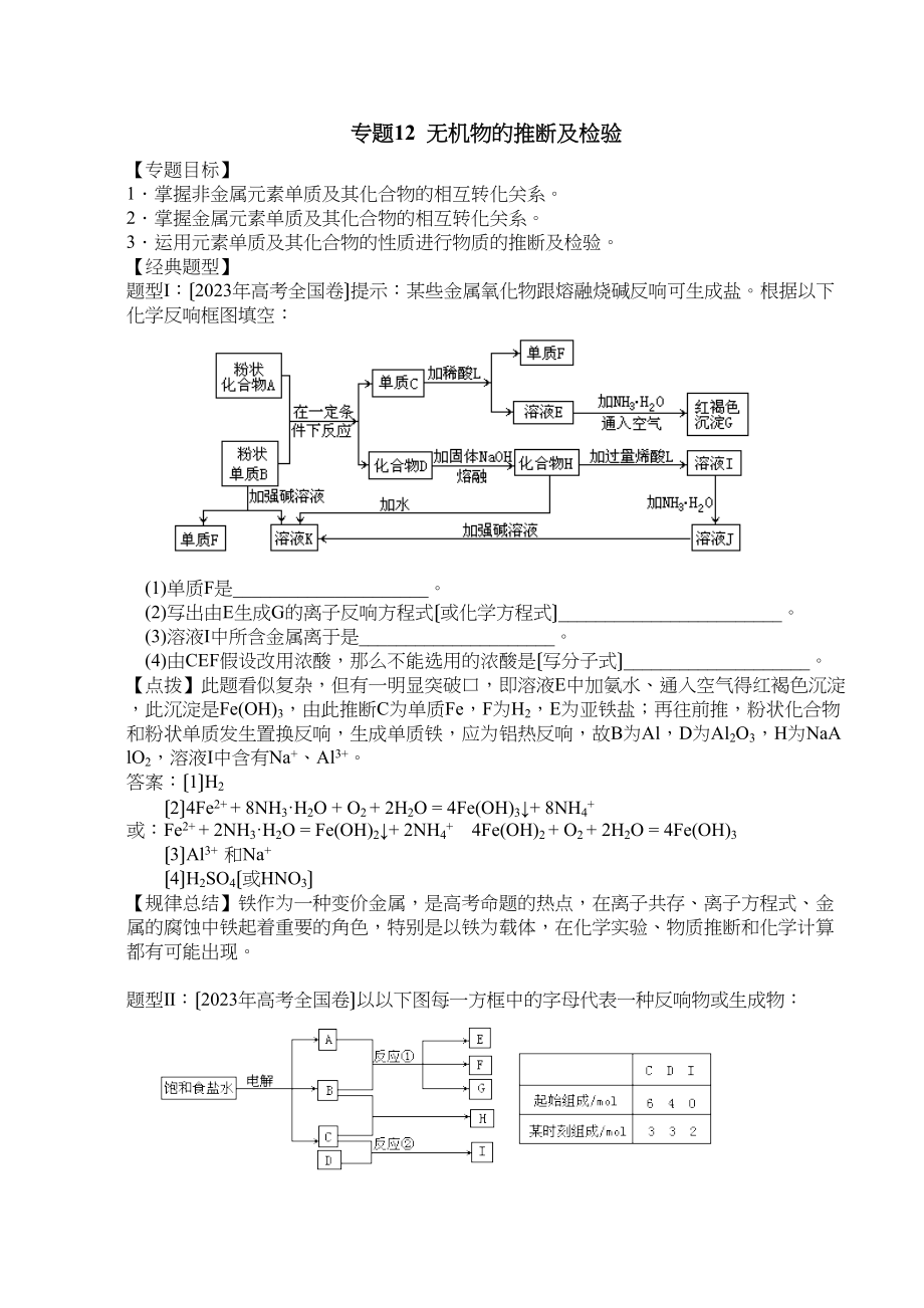 2023年高考化学二轮专题复习资料汇总无机物推断及检验高中化学.docx_第1页