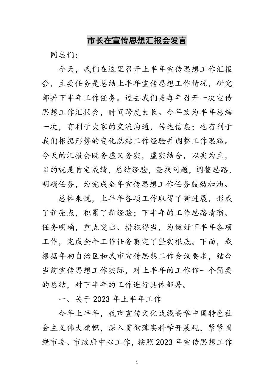 2023年市长在宣传思想汇报会发言范文.doc_第1页