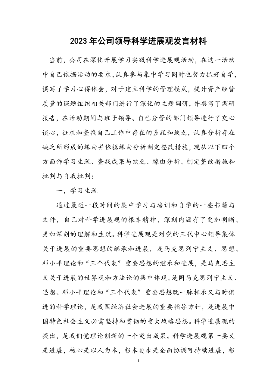 2023年公司领导科学发展观发言材料.docx_第1页