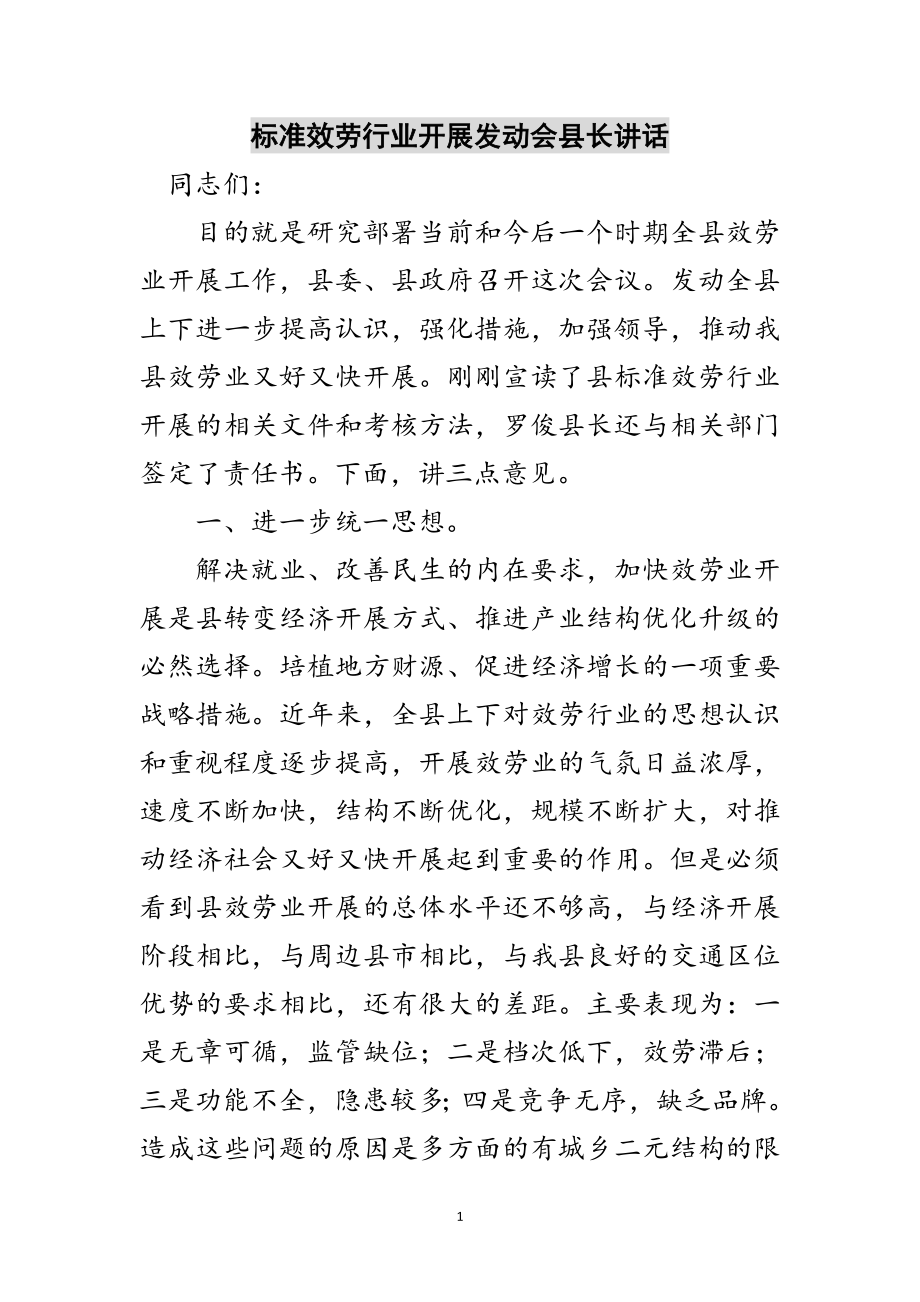 2023年规范服务行业发展动员会县长讲话范文.doc_第1页