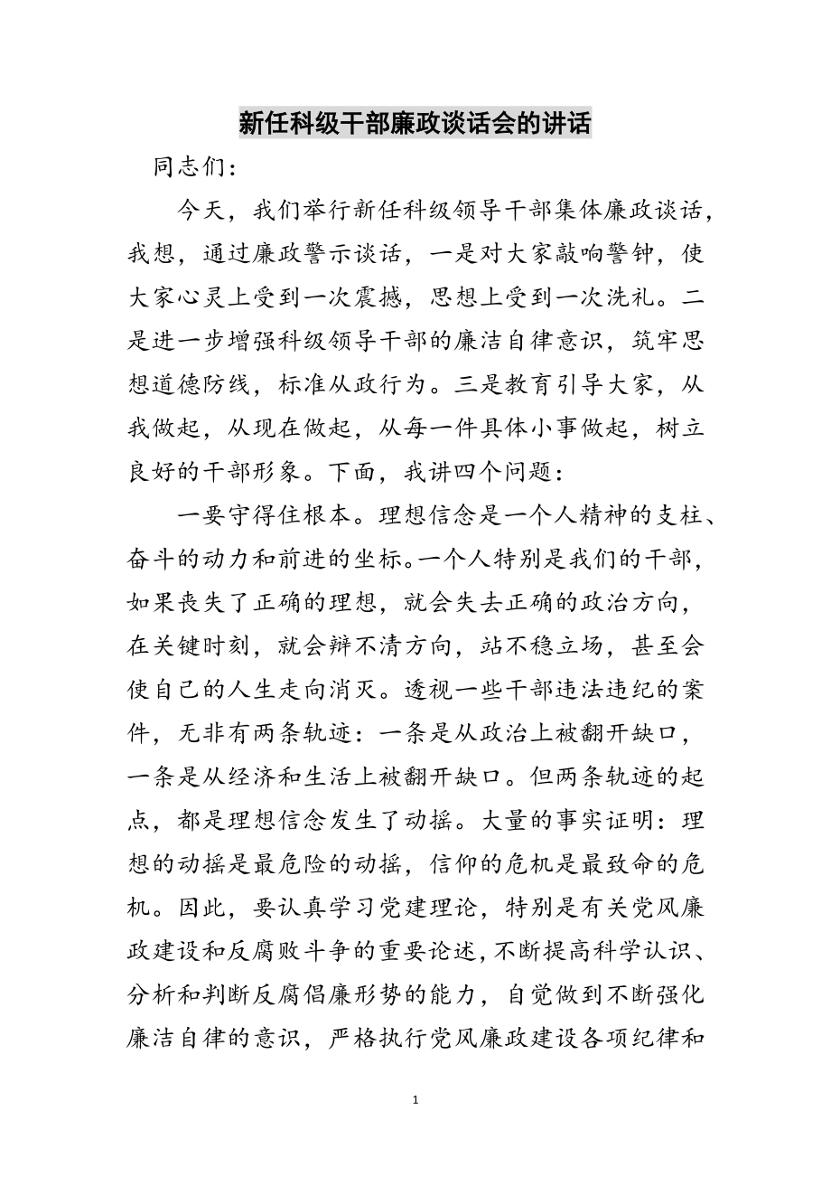 2023年新任科级干部廉政谈话会的讲话范文.doc_第1页