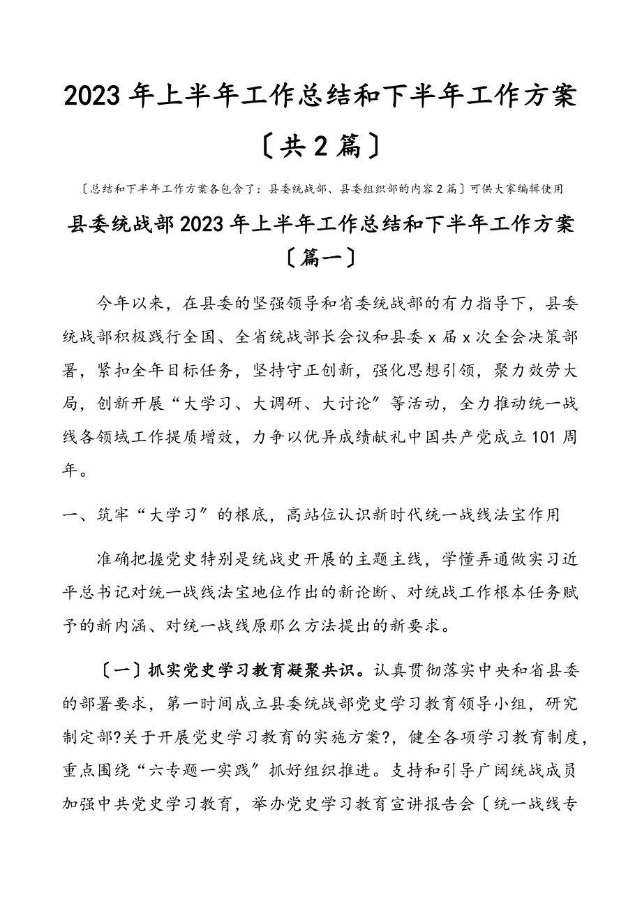 2023年上半年工作总结和下半年工作计划共2篇包含了：县委统战部、县委组织部方面的内容2篇.docx_第1页