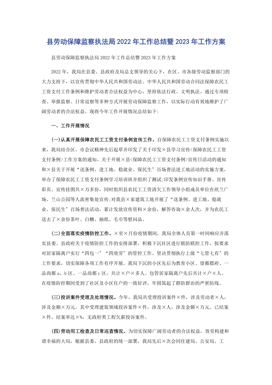 2023年县劳动保障监察执法局工作总结暨工作计划.docx_第1页