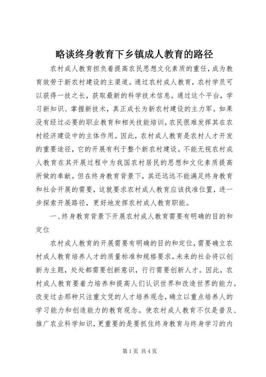 2023年略谈终身教育下乡镇成人教育的路径.docx_第1页