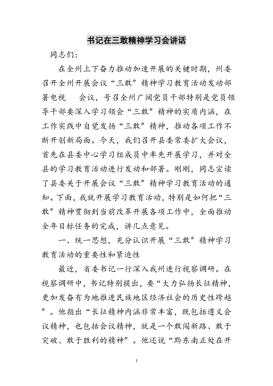 2023年书记在三敢精神学习会讲话范文.doc_第1页