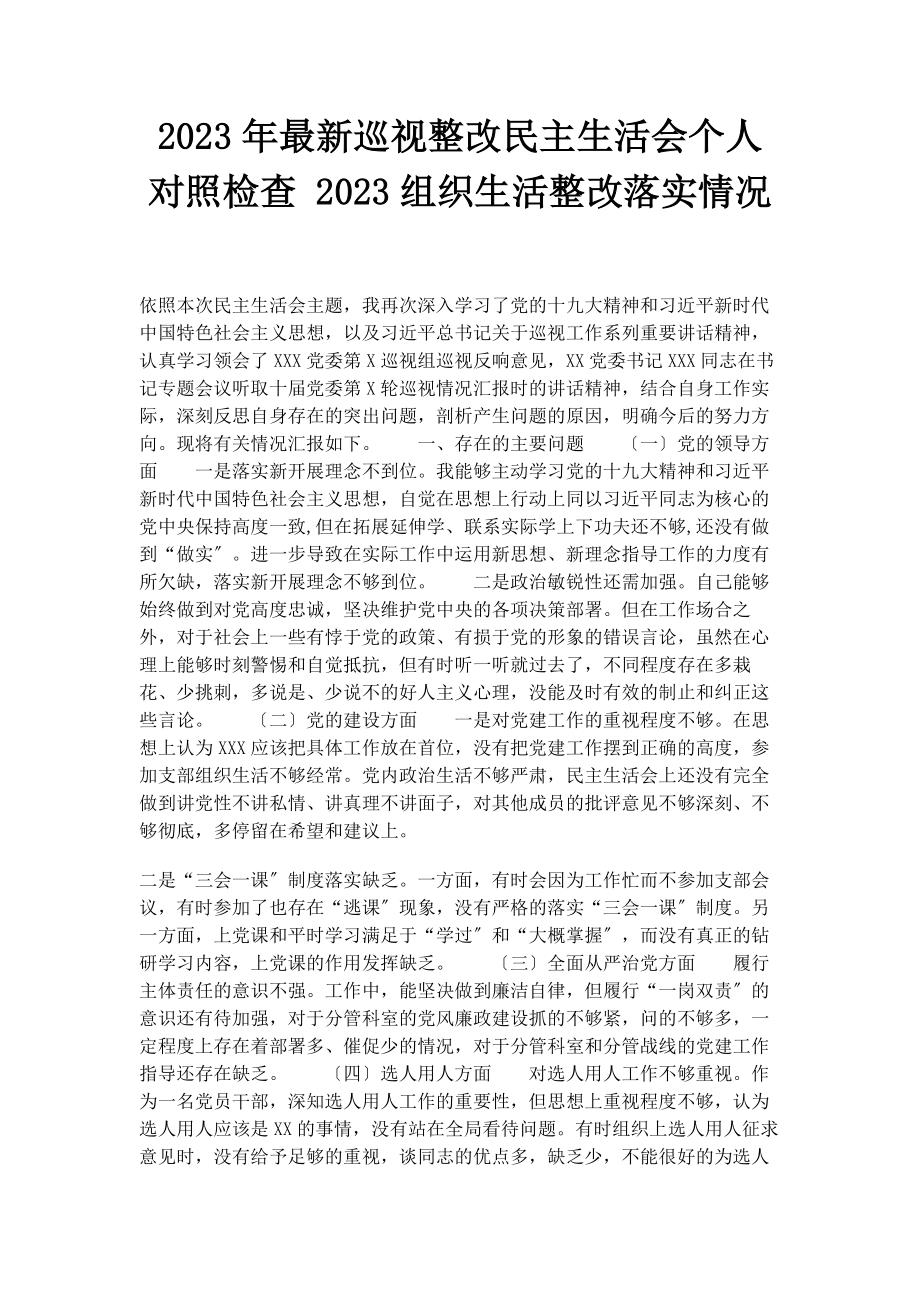 2023年巡视整改民主生活会个人对照检查 组织生活整改落实情况.docx_第1页