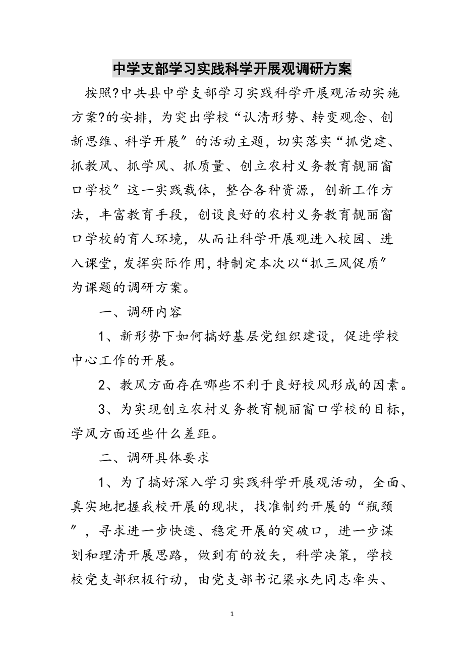 2023年中学支部学习实践科学发展观调研计划范文.doc_第1页