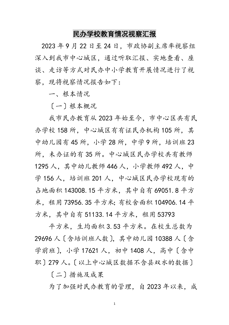 2023年民办学校教育情况视察汇报范文.doc_第1页