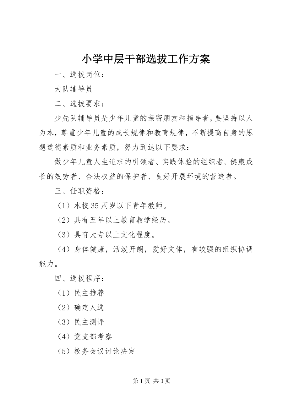 2023年小学中层干部选拔工作计划.docx_第1页