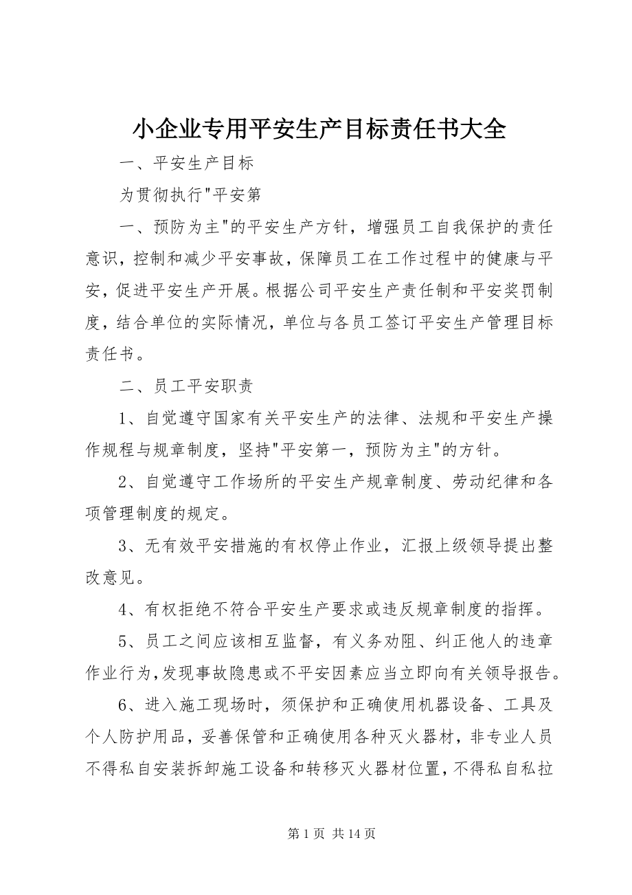 2023年小企业专用安全生产目标责任书大全.docx_第1页