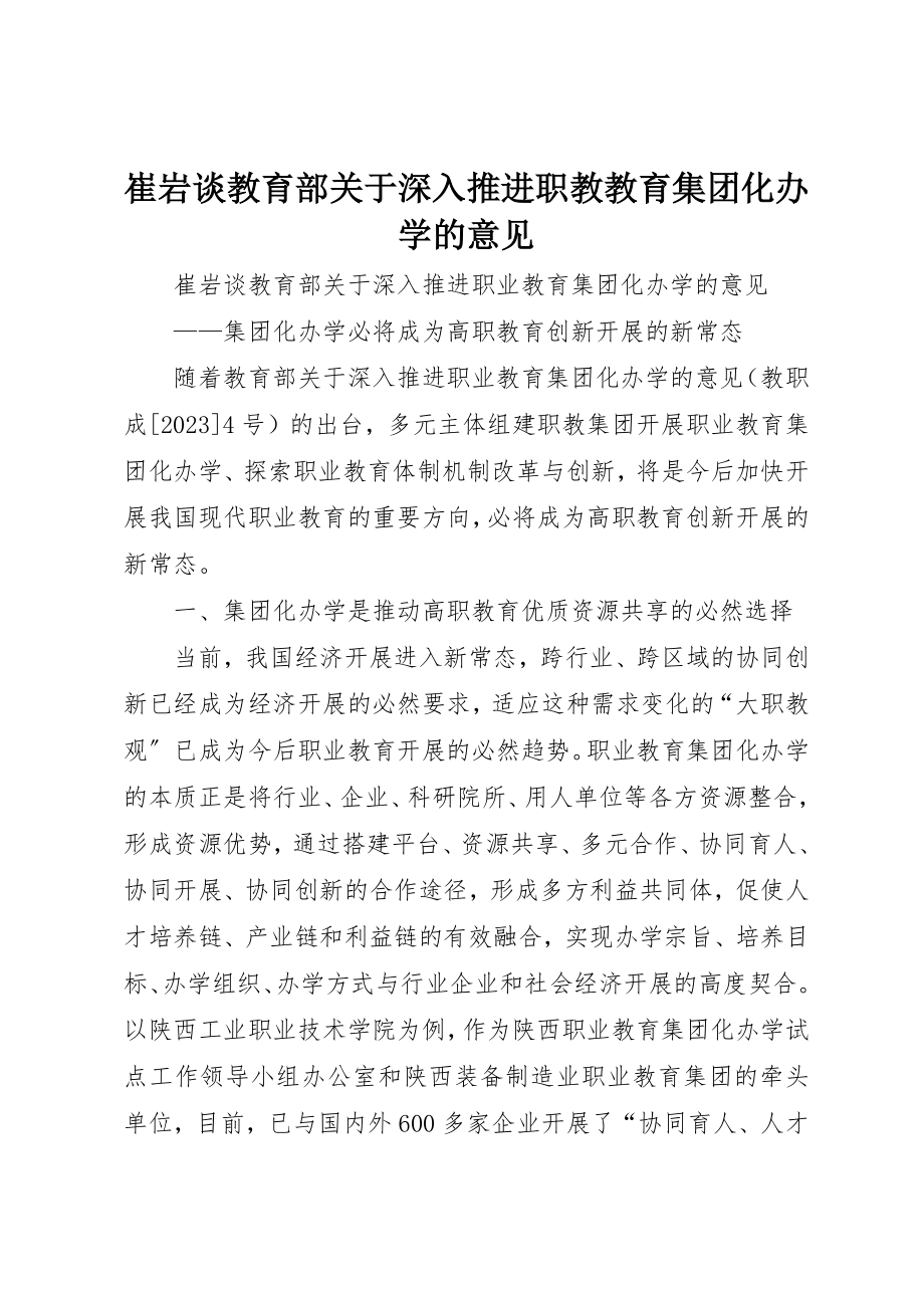 2023年崔岩谈《教育部关于深入推进职教教育集团化办学的意见》新编.docx_第1页