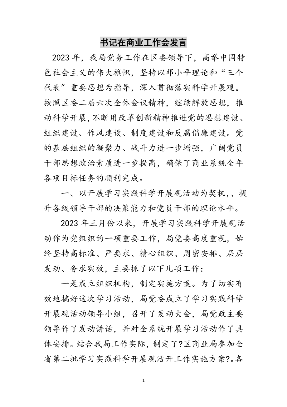 2023年书记在商业工作会发言范文.doc_第1页