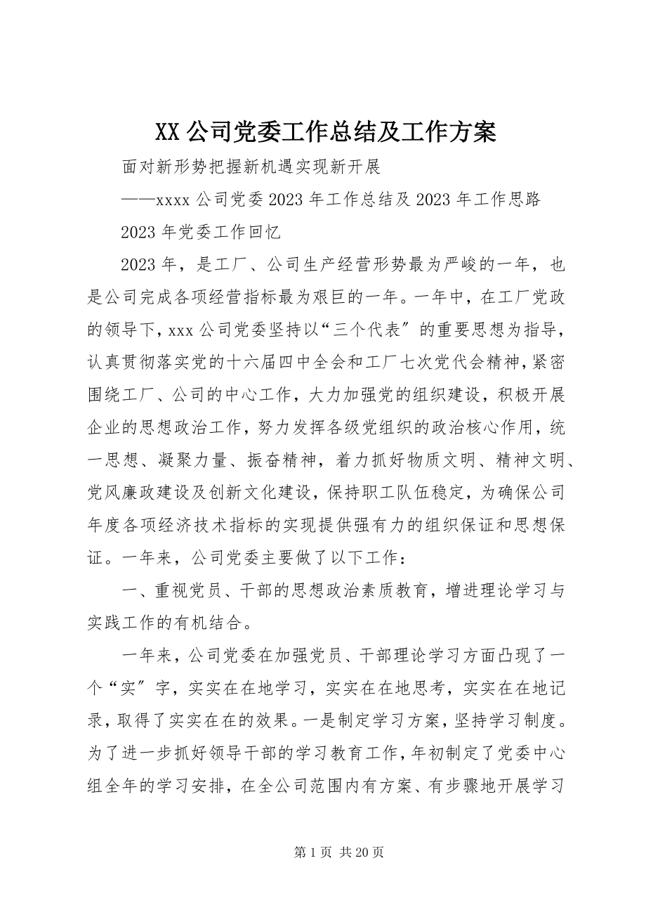 2023年XX公司党委工作总结及工作计划新编.docx_第1页