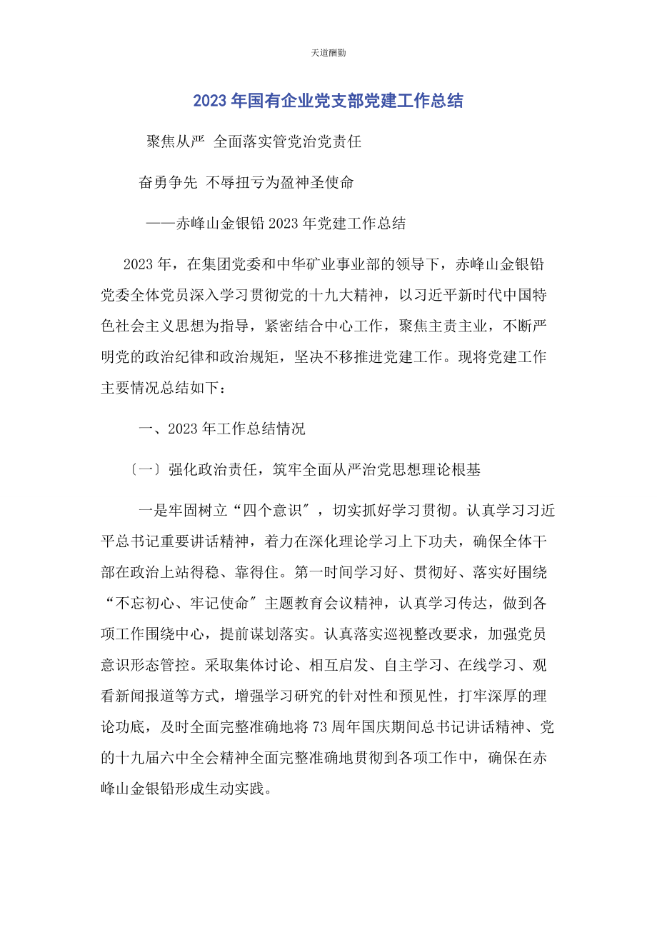 2023年国有企业党支部党建工作总结范文.docx_第1页