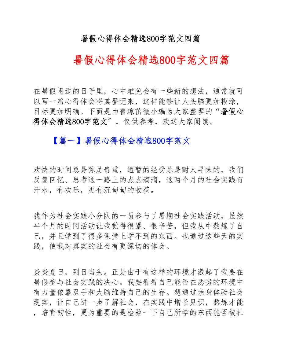 2023年暑假心得体会800字四篇.doc_第1页