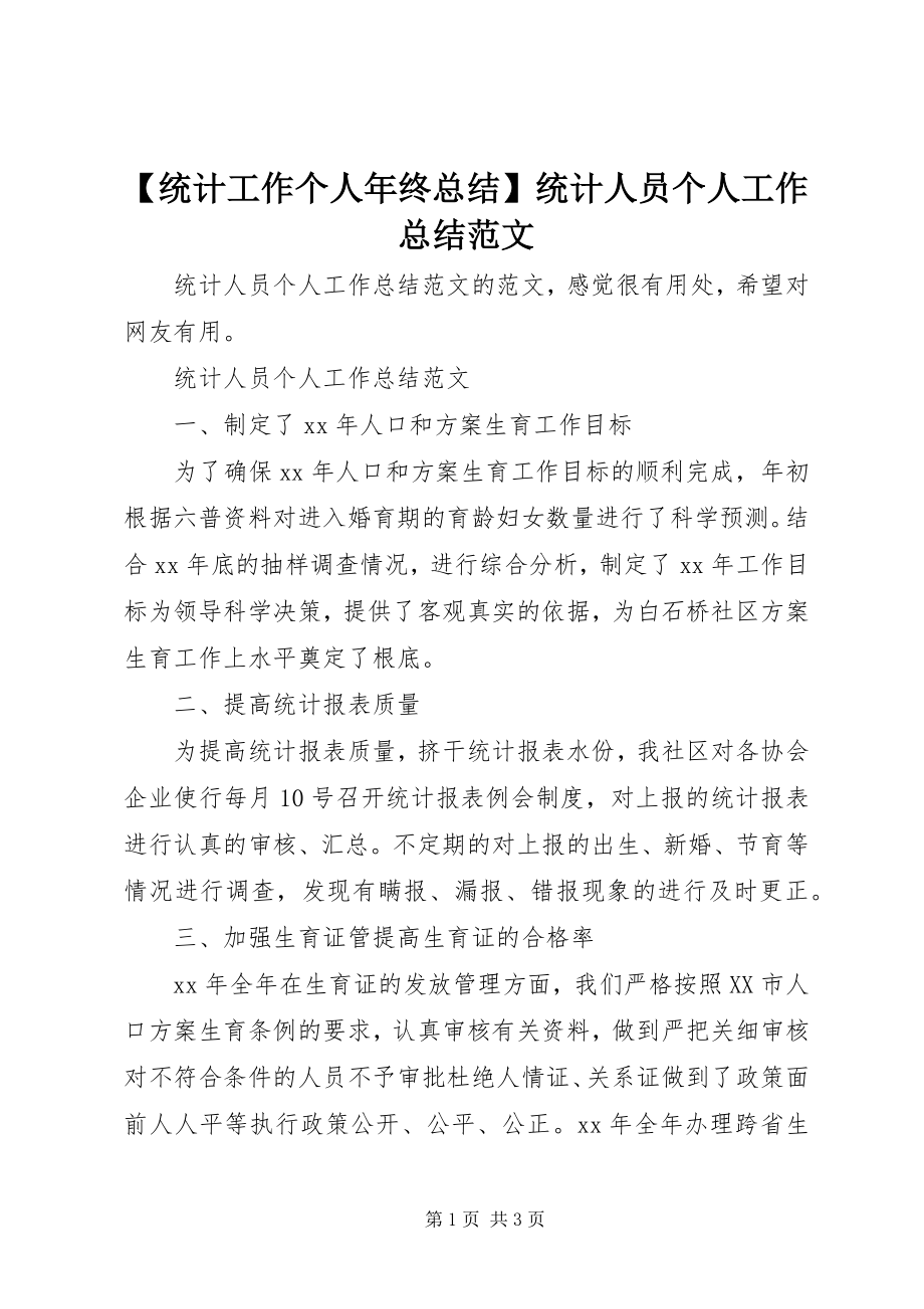 2023年统计工作个人年终总结统计人员个人工作总结范文.docx_第1页