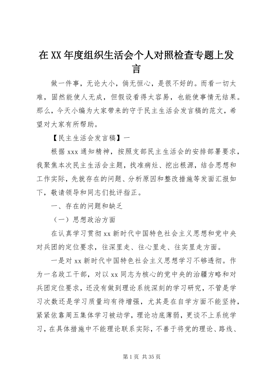 2023年在度组织生活会个人对照检查专题上讲话.docx_第1页