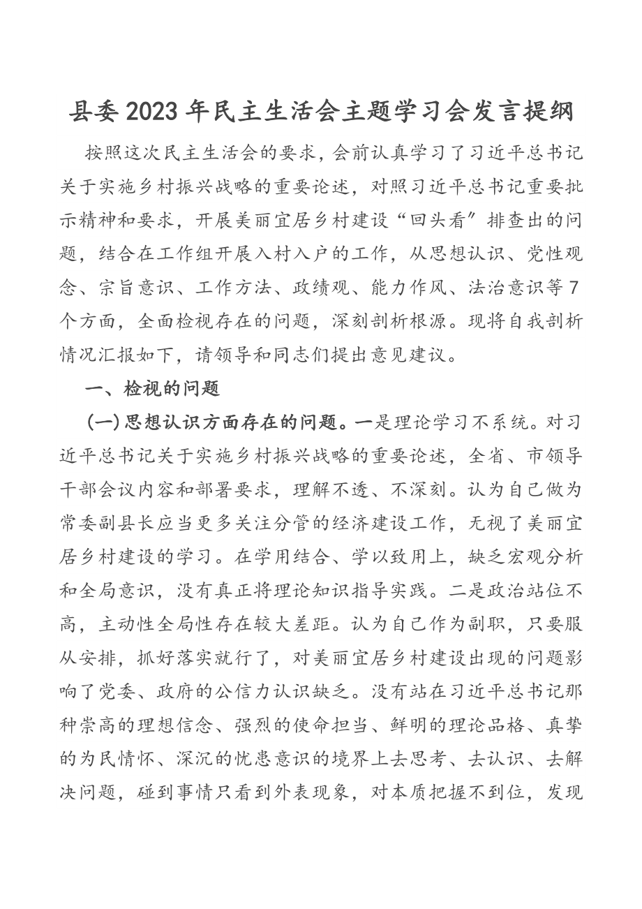 县委2023年民主生活会主题学习会发言提纲.docx_第1页