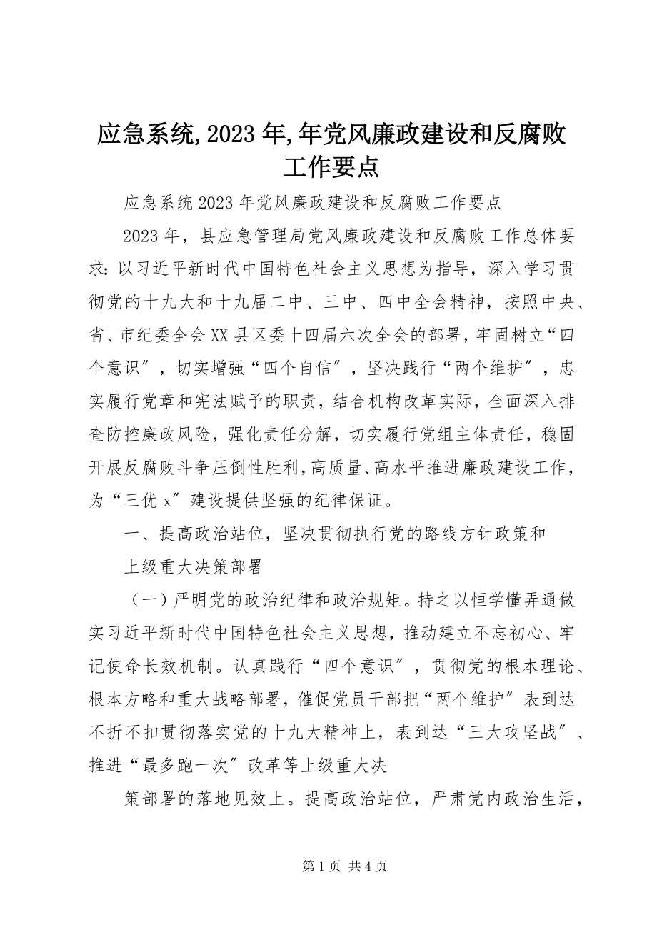 2023年应急系统年党风廉政建设和反腐败工作要点.docx_第1页